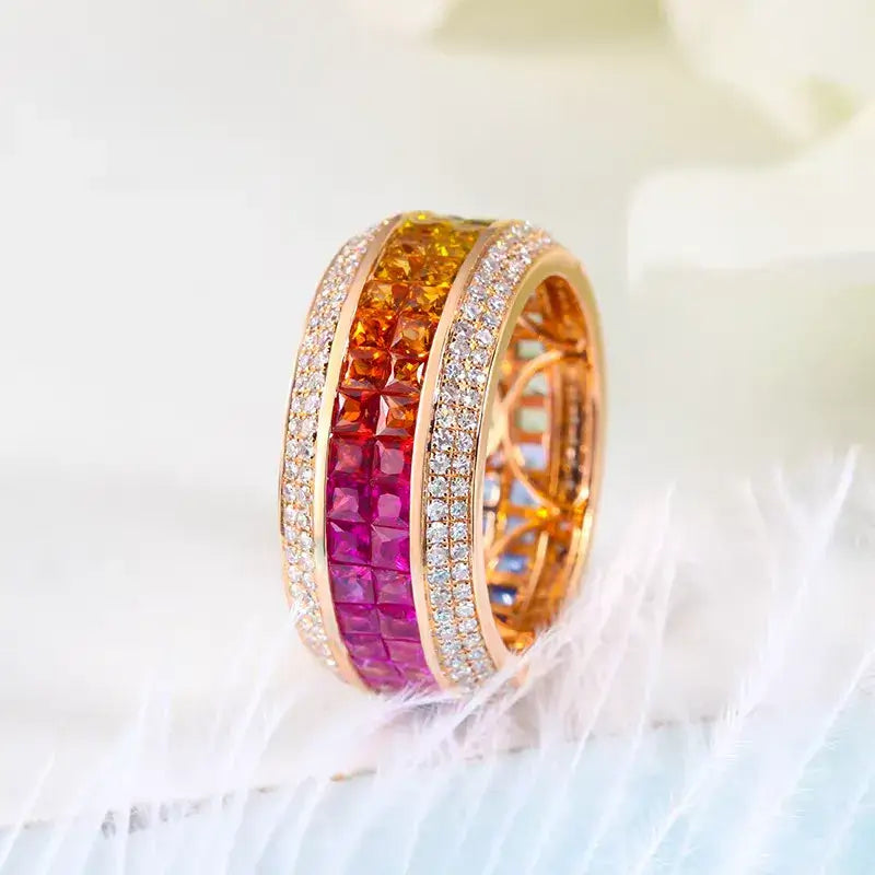 NOZBO Ring aus natürlichem Saphir in Regenbogenfarben, unsichtbare Fassung mit Diamanten in 18 Karat Gold