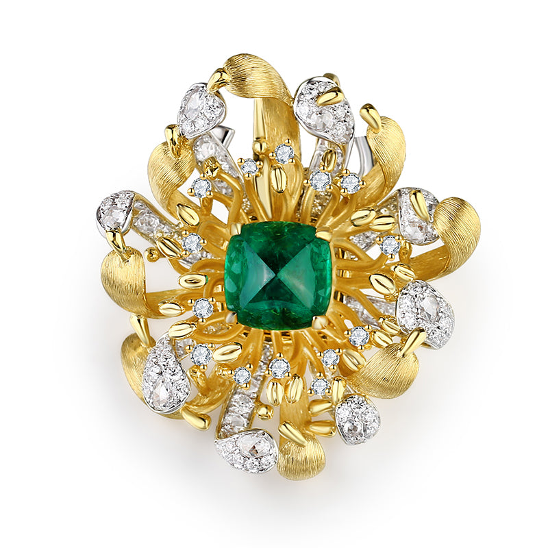 Im Labor gezüchtete Smaragd- und Diamantbrosche 14K Gelbgold