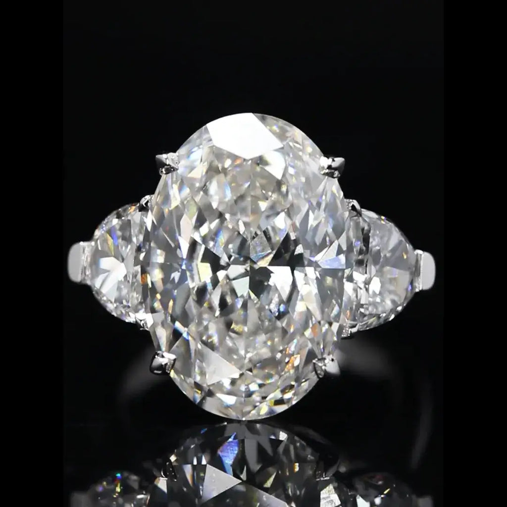 10 CT Oval and Half Moon Lab Grown Diamond Three Stone Engagement Ring