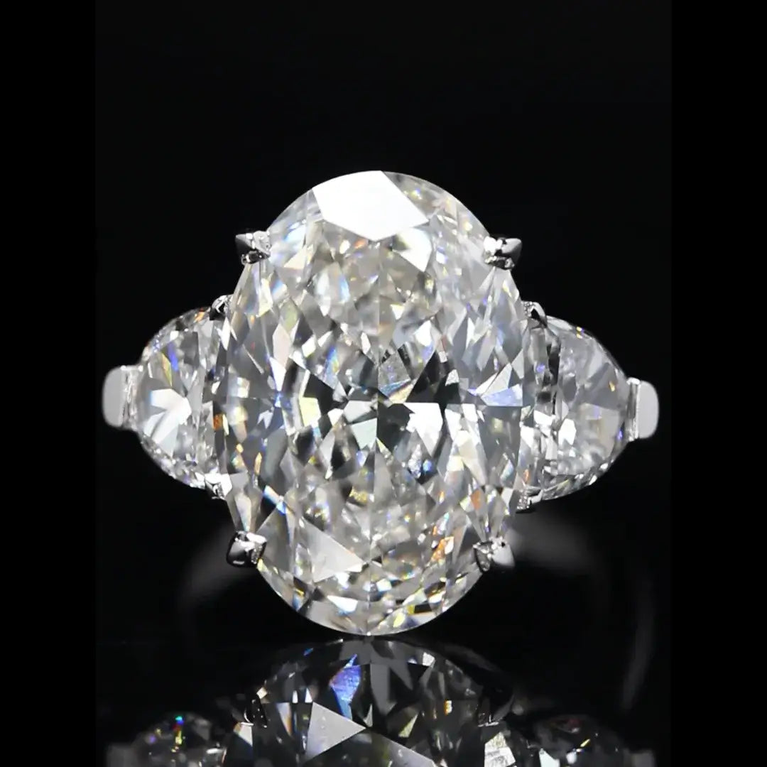 10 CT Oval and Half Moon Lab Grown Diamond Three Stone Engagement Ring