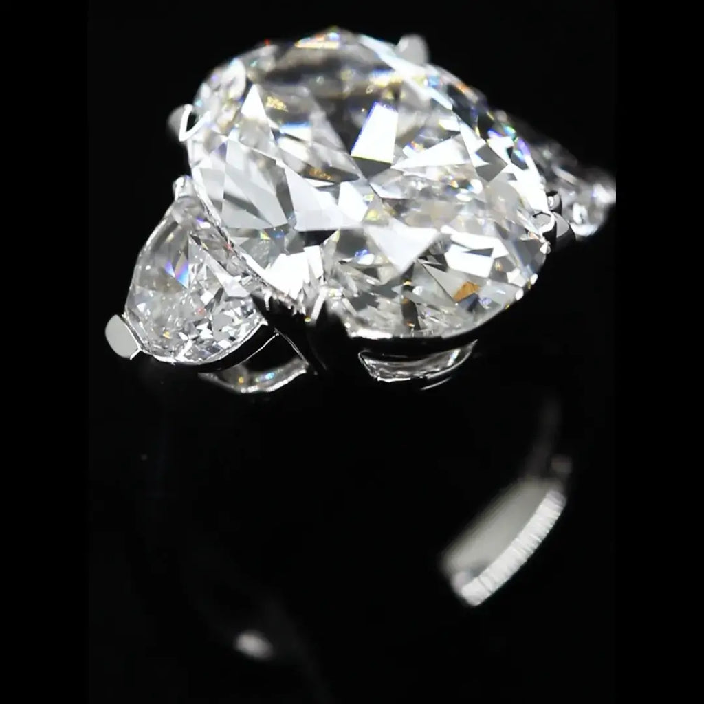 10 CT Oval and Half Moon Lab Grown Diamond Three Stone Engagement Ring