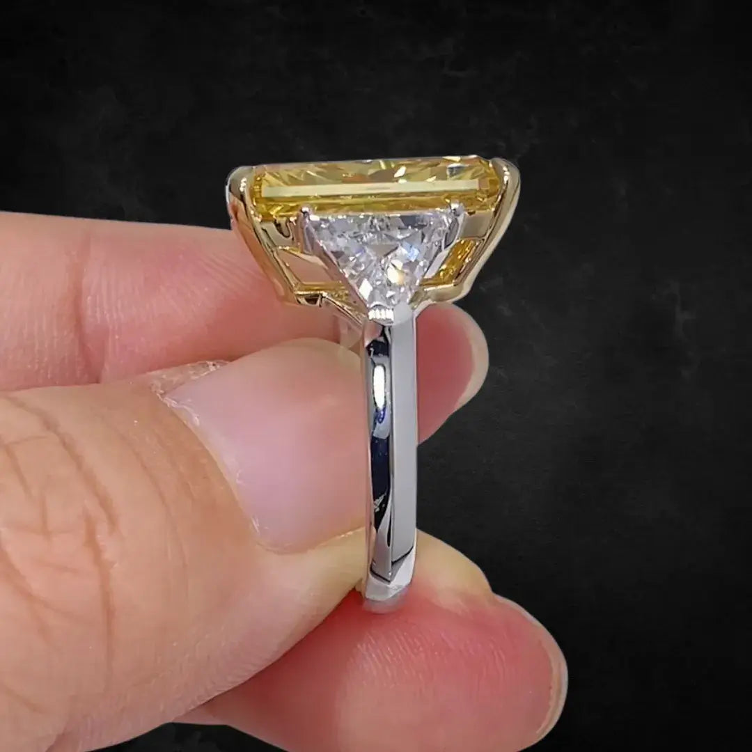 10 Carat Fancy Vivid Yellow Radiant Cut Lab Diamond Three Stones Ring