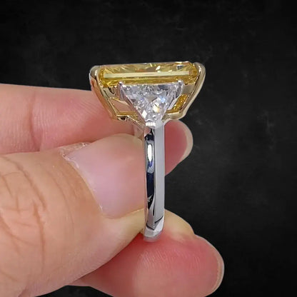 10 Carat Fancy Vivid Yellow Radiant Cut Lab Diamond Three Stones Ring