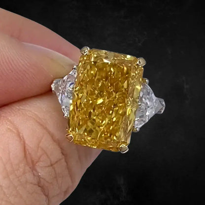 10 Carat Fancy Vivid Yellow Radiant Cut Lab Diamond Three Stones Ring