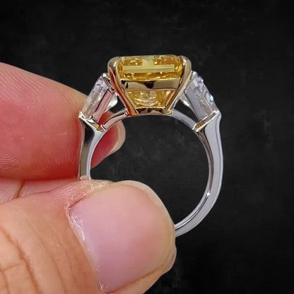 10 Carat Fancy Vivid Yellow Radiant Cut Lab Diamond Three Stones Ring