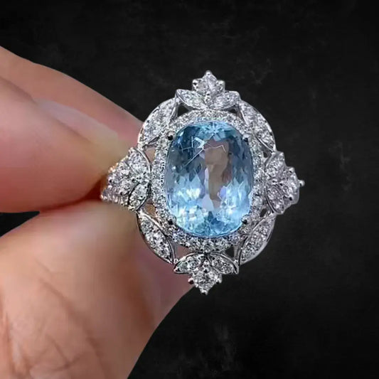 Aquamarine Lab-Grown Diamond Ring In 18K Gold