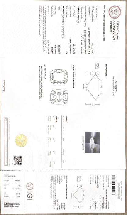 6.04 CARAT FANCY VIVID PINK CUSHION MODIFIED BRILLIANT CUT LAB DIAMOND