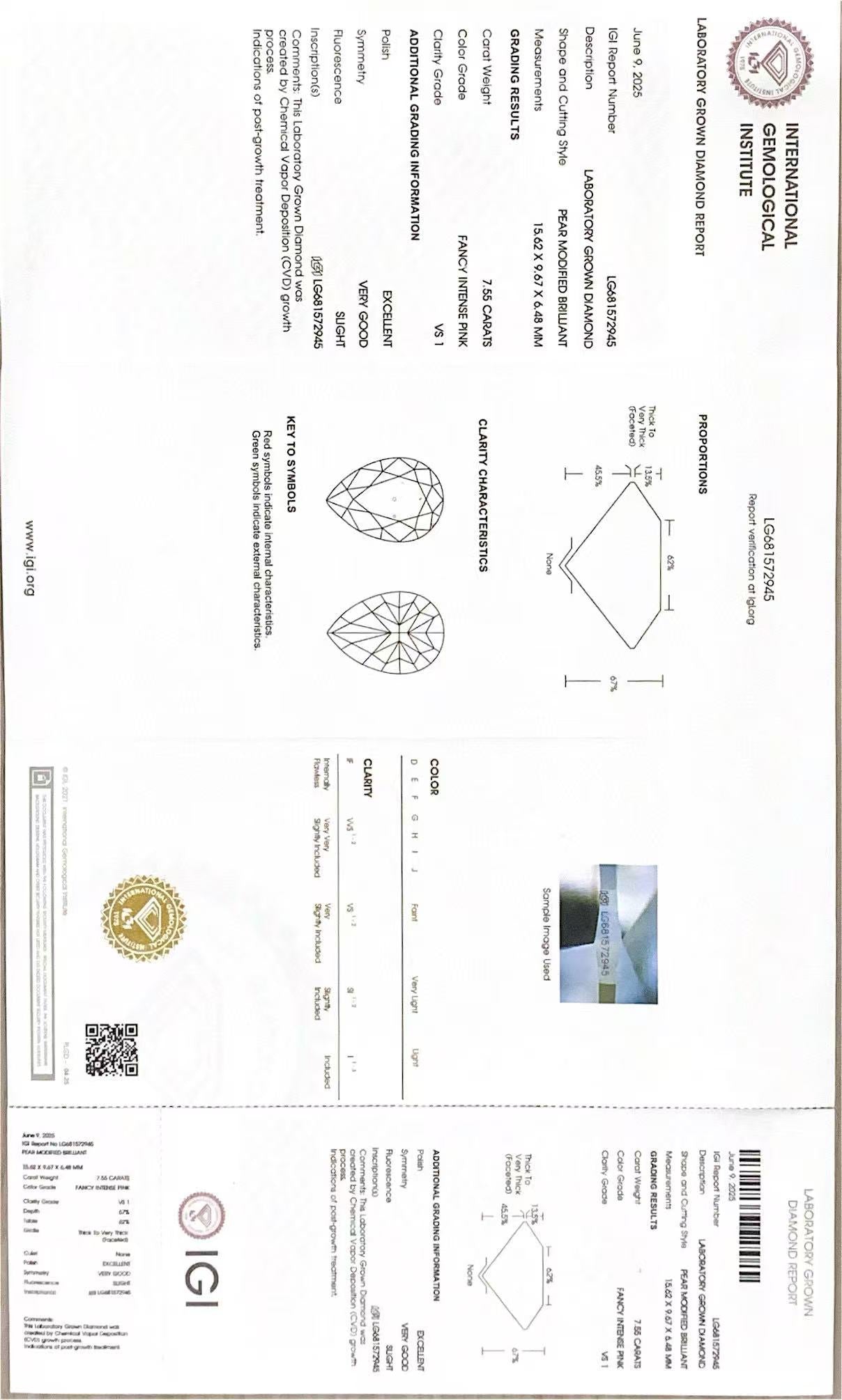 7.55 CARATS FANCY INTENSE PINK PEAR MODIFIED BRILLIANT LAB DIAMOND