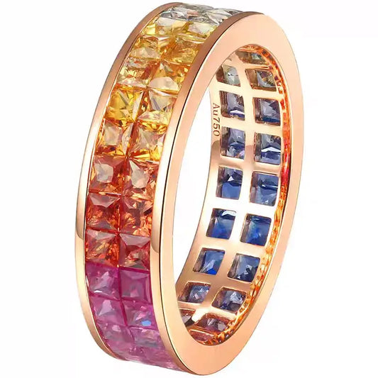 NOZBO Double Row Rainbow Sapphire Invisible-Set Ring 18K Rose Gold