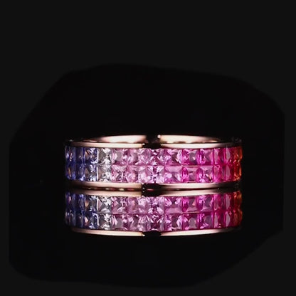 NOZBO Double Row Rainbow Sapphire Invisible-Set Ring 18K Rose Gold