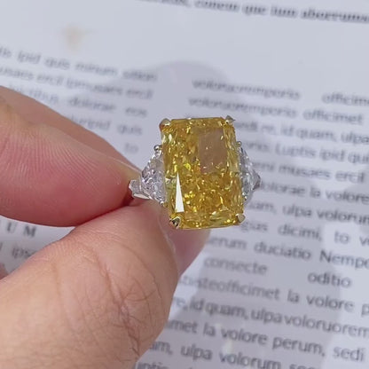 10 Carat Fancy Vivid Yellow Radiant Cut Lab Diamond Three Stones Ring