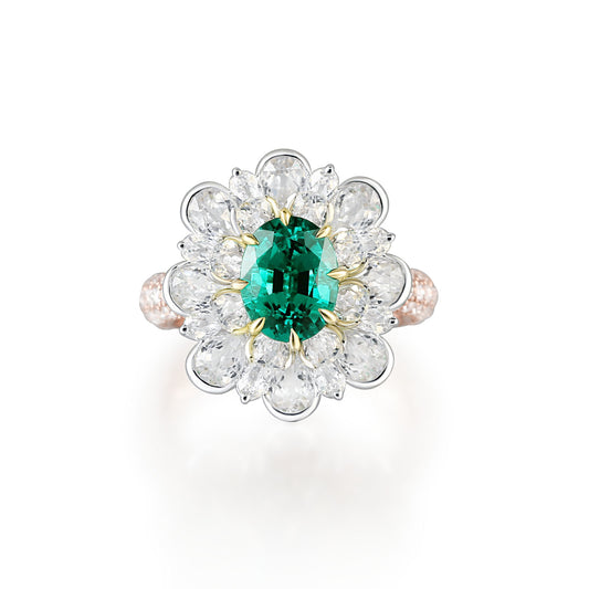 Cocktailring mit ovalem Schliff und Laborrubinen und Diamanten, Halo-Stil, 14 Karat Gold